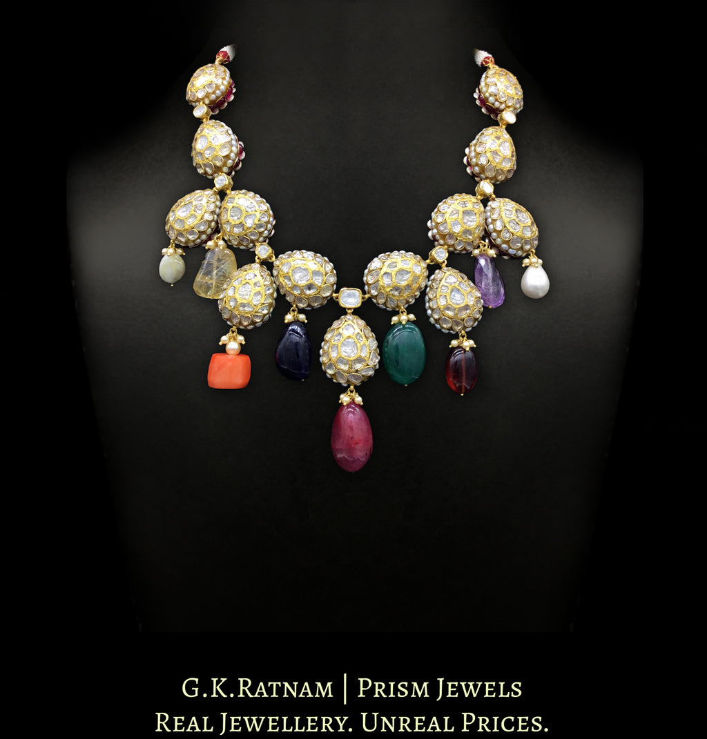 23k Gold and Diamond Polki pacchi hybrid Necklace with Navratna hangings
