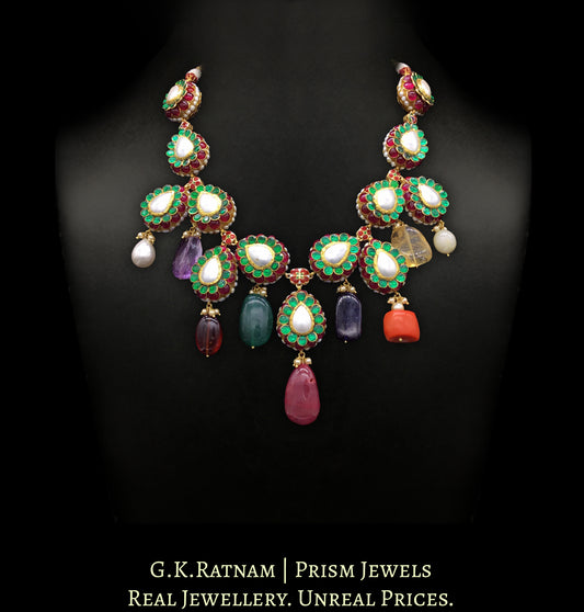 23k Gold and Diamond Polki pacchi hybrid Necklace with Navratna hangings