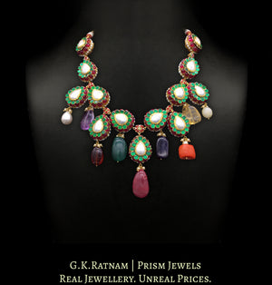 23k Gold and Diamond Polki pacchi hybrid Necklace with Navratna hangings