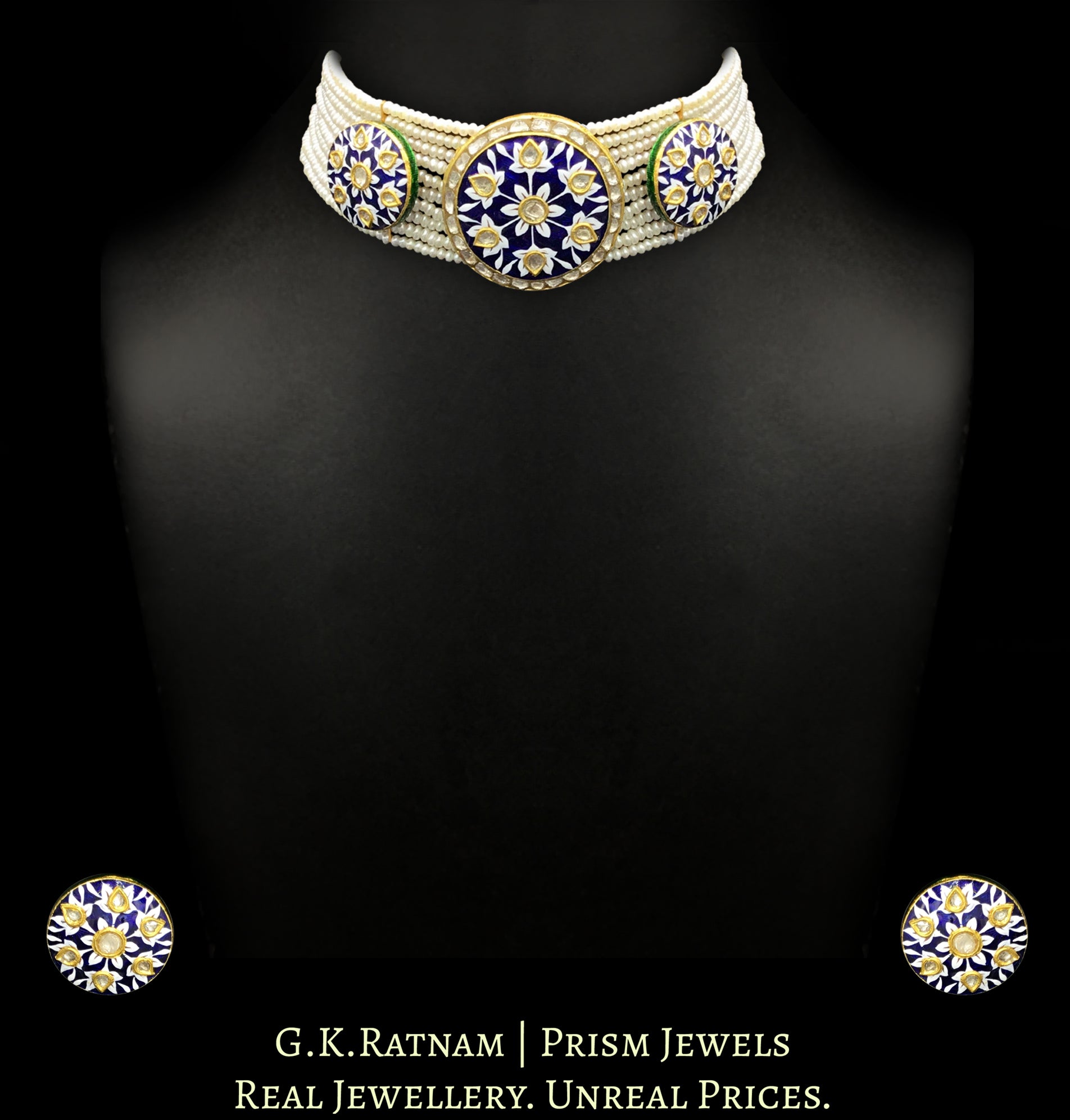 23k Gold and Diamond Polki Choker Necklace Set with exquisite blue pottery