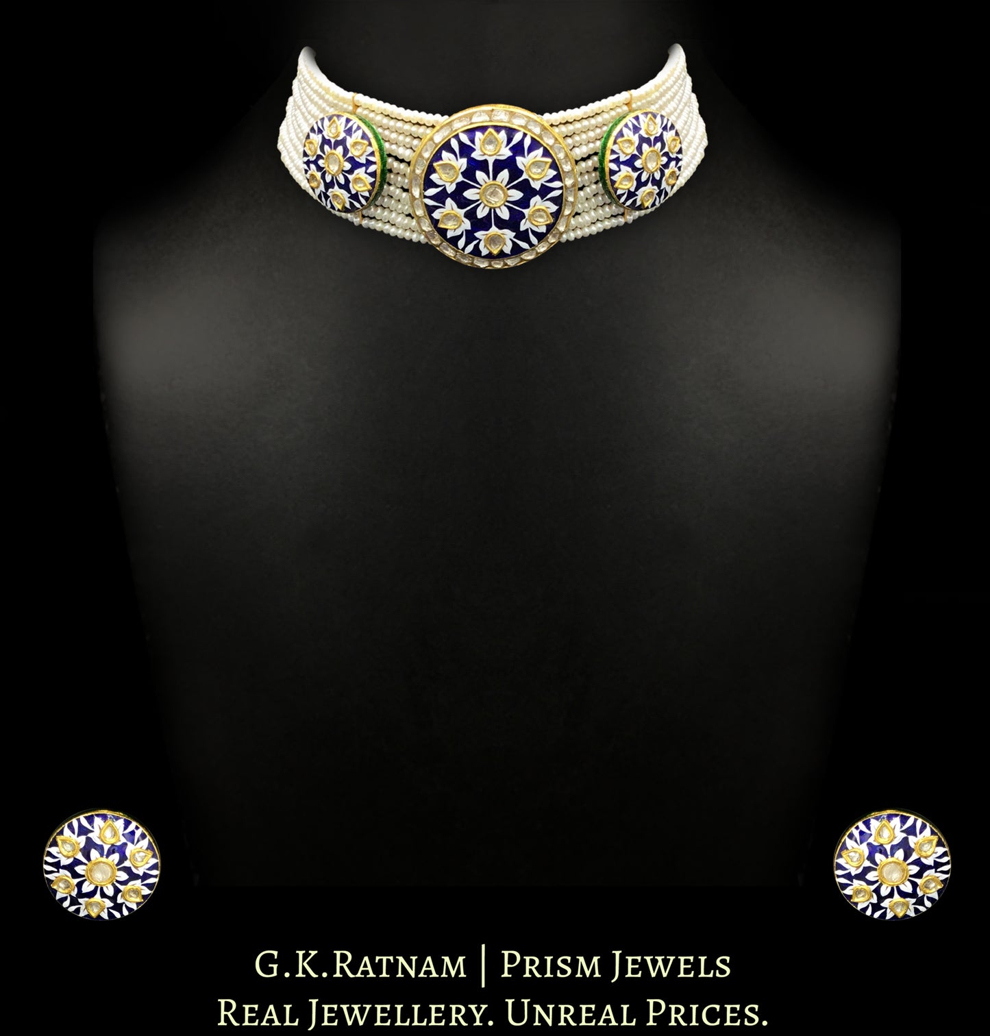 23k Gold and Diamond Polki Choker Necklace Set with exquisite blue pottery - G. K. Ratnam