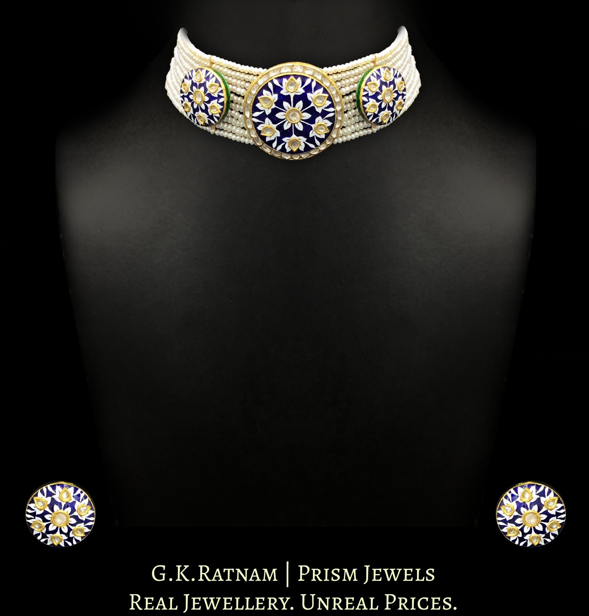 23k Gold and Diamond Polki Choker Necklace Set with exquisite blue pottery - G. K. Ratnam