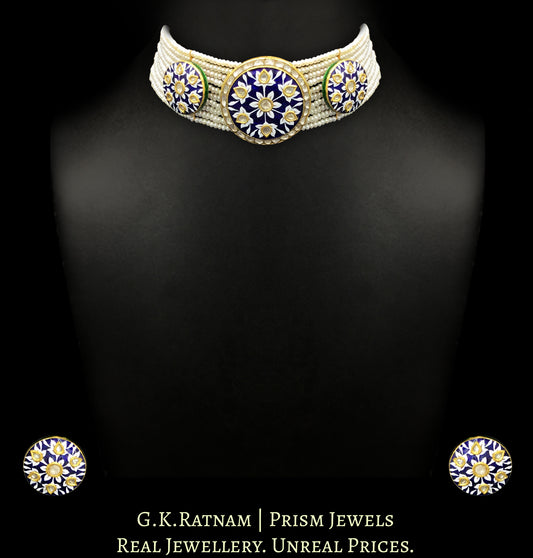 23k Gold and Diamond Polki Choker Necklace Set with exquisite blue pottery - G. K. Ratnam