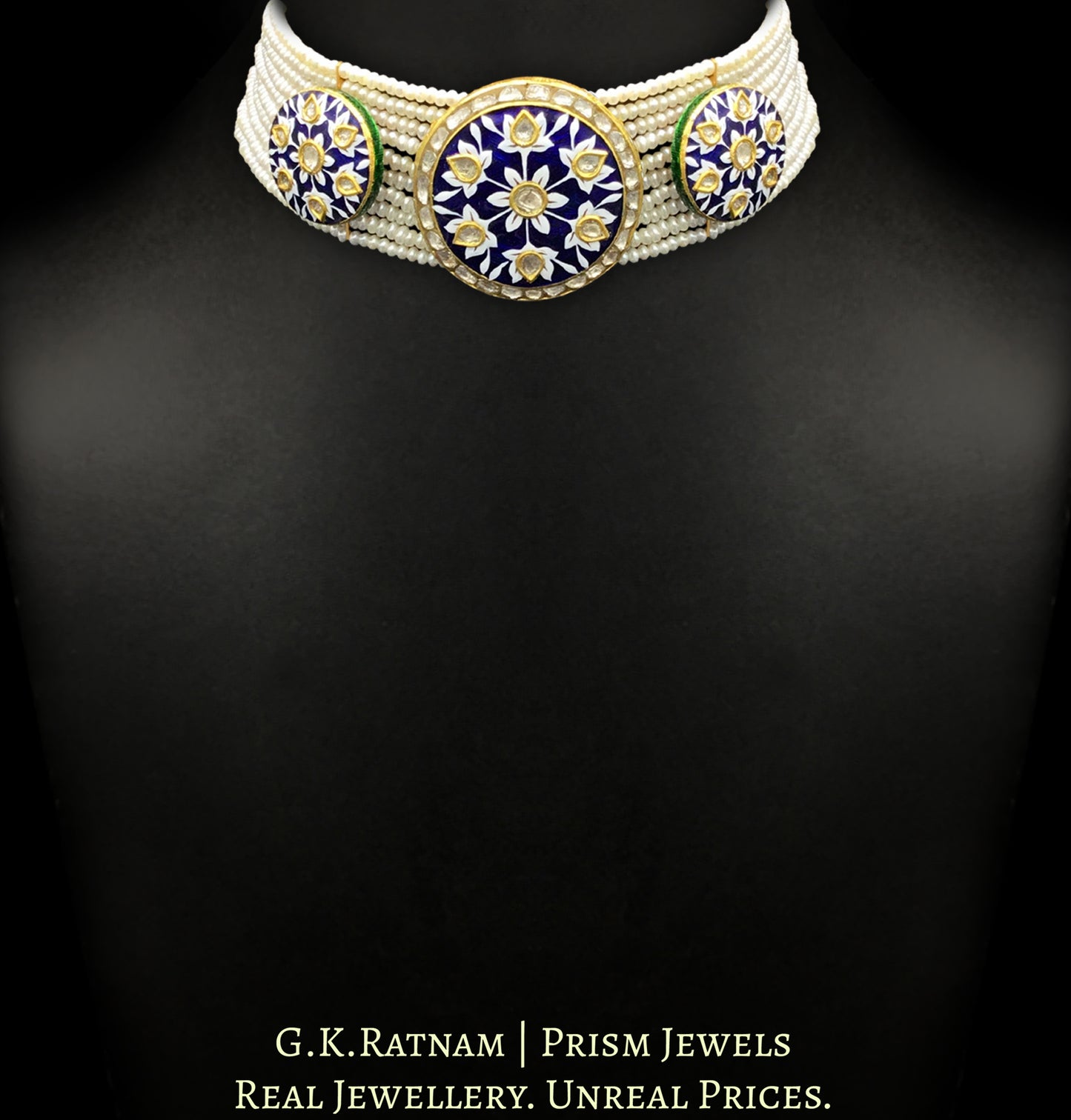 23k Gold and Diamond Polki Choker Necklace Set with exquisite blue pottery - G. K. Ratnam