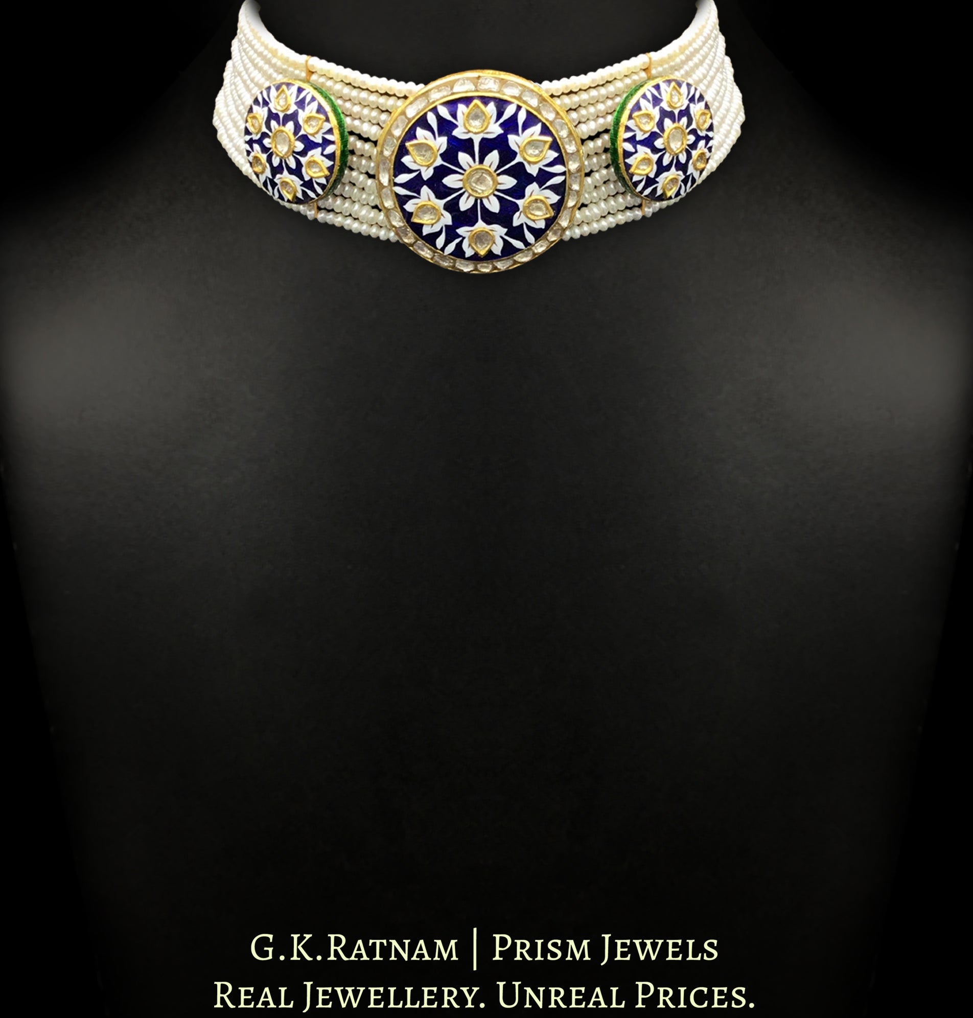 23k Gold and Diamond Polki Choker Necklace Set with exquisite blue pottery - G. K. Ratnam
