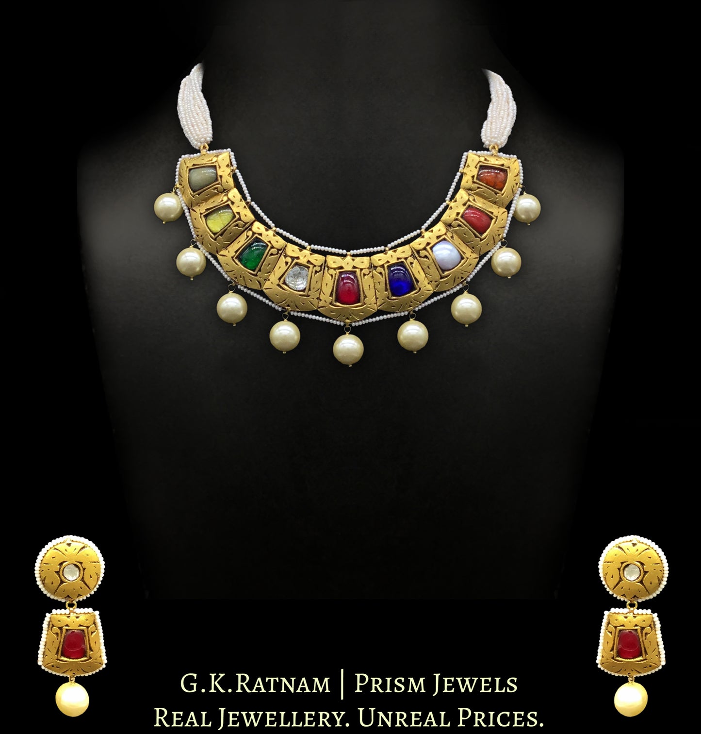 23k Gold and Diamond Polki Navratna Antique Necklace Set with Chid Pearls - G. K. Ratnam