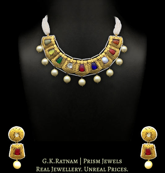 23k Gold and Diamond Polki Navratna Antique Necklace Set with Chid Pearls - G. K. Ratnam