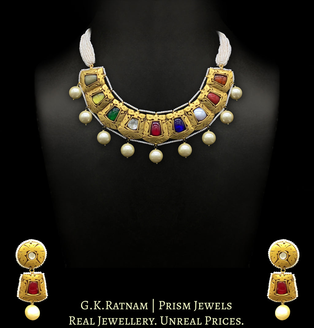 23k Gold and Diamond Polki Navratna Antique Necklace Set with Chid Pearls