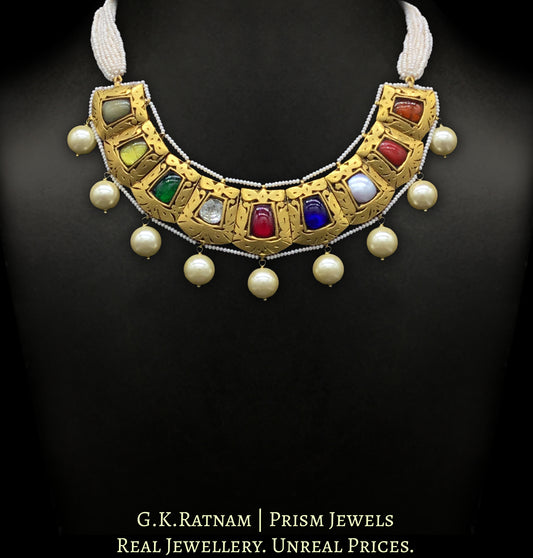 23k Gold and Diamond Polki Navratna Antique Necklace Set with Chid Pearls - G. K. Ratnam