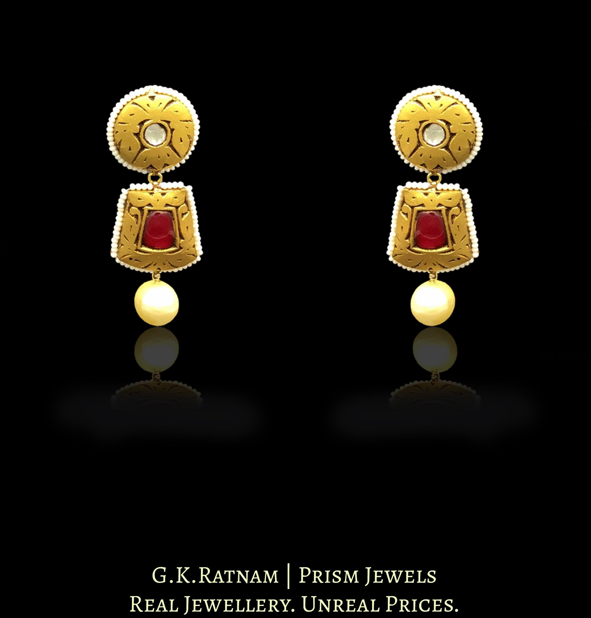 23k Gold and Diamond Polki Navratna Antique Necklace Set with Chid Pearls - G. K. Ratnam