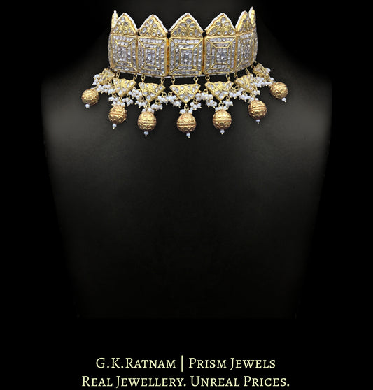 23k Gold and Diamond Polki Choker Necklace with natural freshwater pearls and hand-carved golden balls