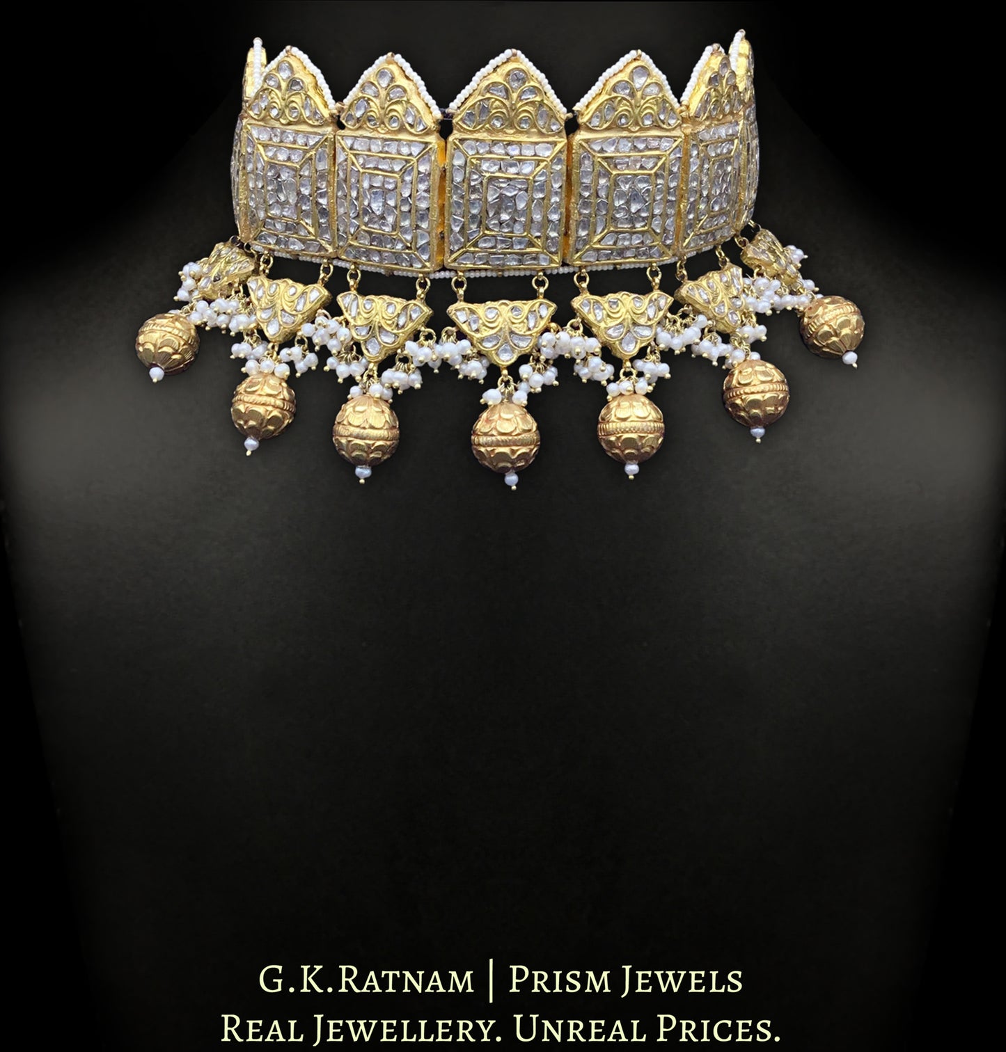 23k Gold and Diamond Polki Choker Necklace with natural freshwater pearls and hand-carved golden balls