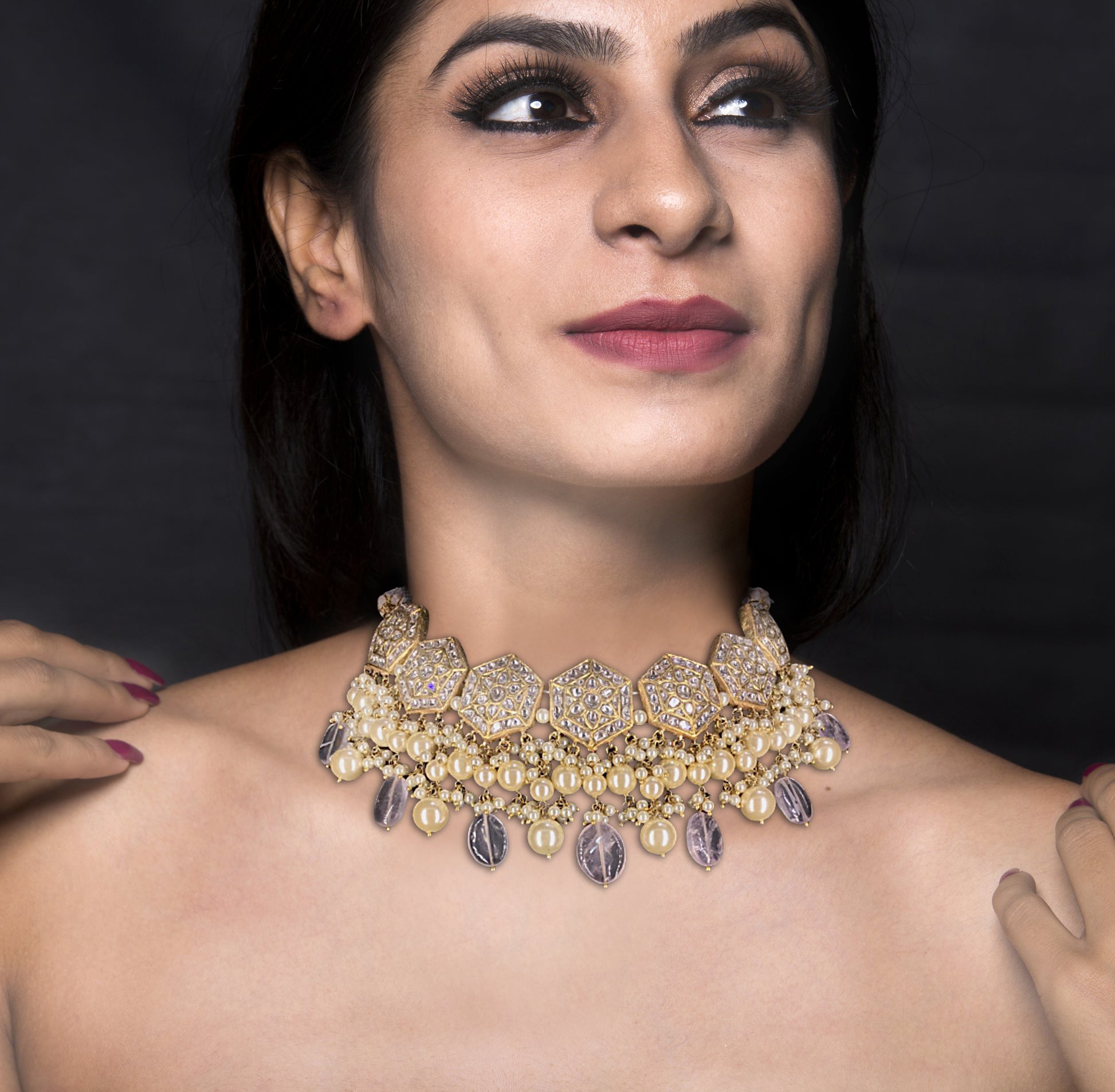 23k Gold and Diamond Polki Choker Necklace Set with Amethysts and Pearls - G. K. Ratnam