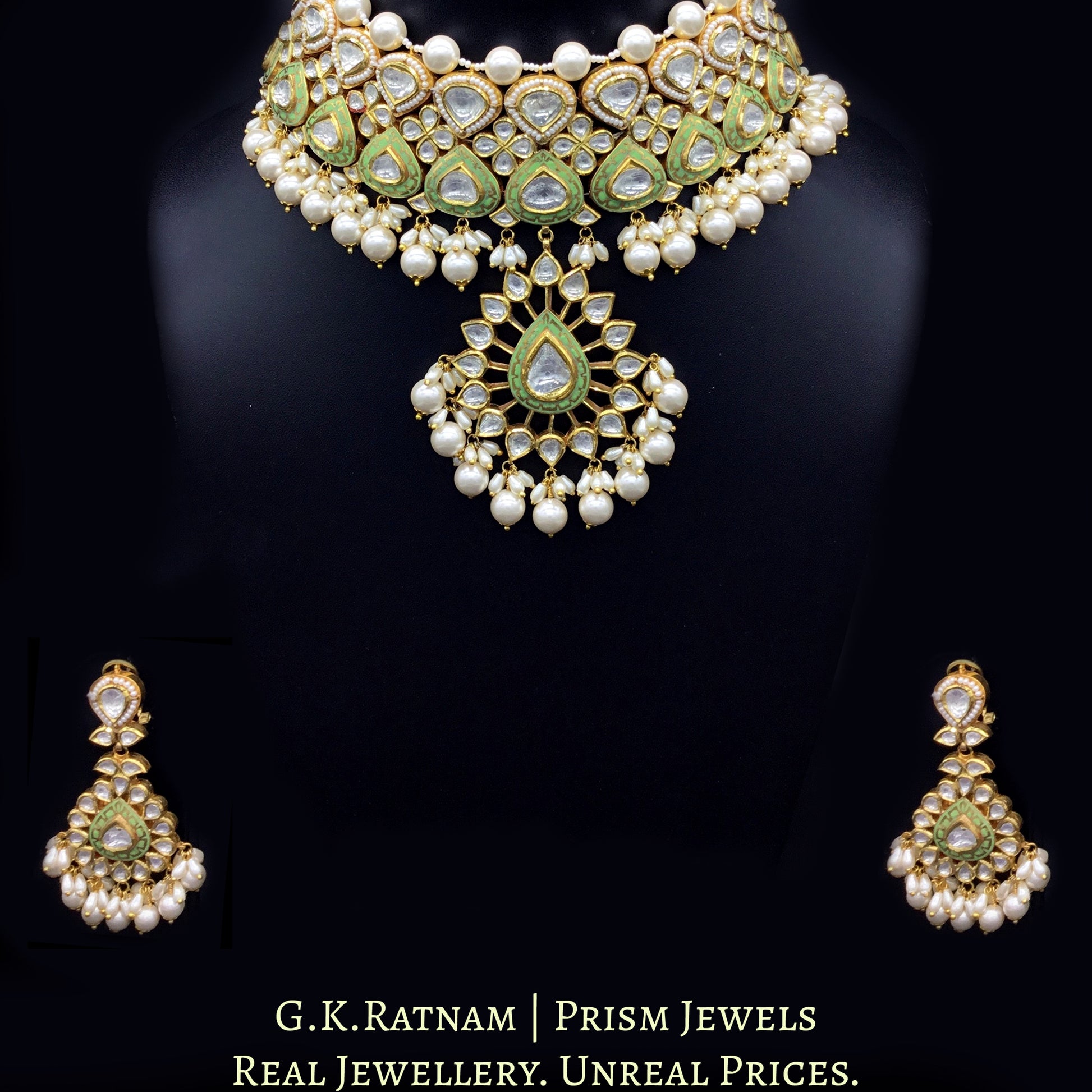 18k Gold and Diamond Polki Choker Necklace Set with elegant parrot green enamel - G. K. Ratnam