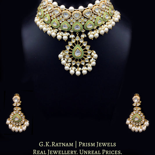 18k Gold and Diamond Polki Choker Necklace Set with elegant parrot green enamel - G. K. Ratnam