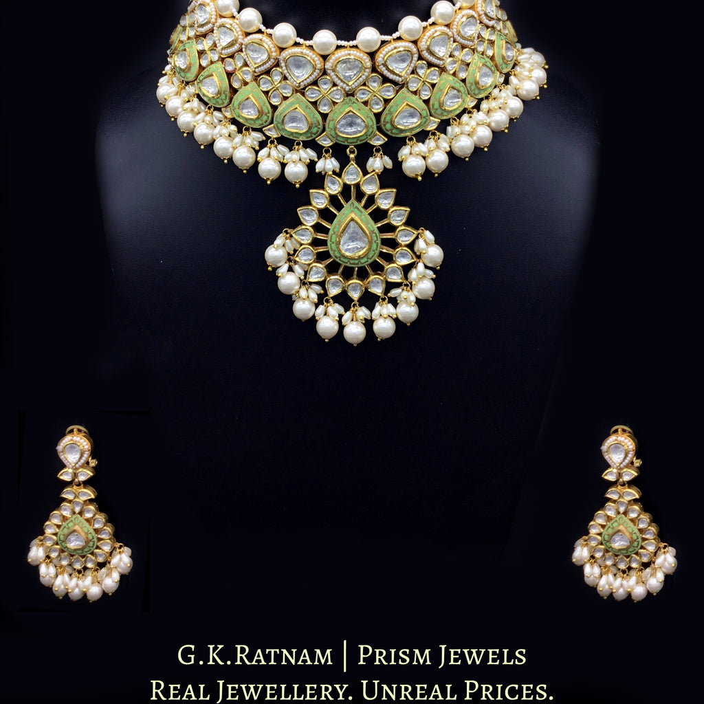 18k Gold and Diamond Polki Choker Necklace Set with elegant parrot green enamel