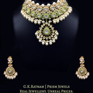 18k Gold and Diamond Polki Choker Necklace Set with elegant parrot green enamel