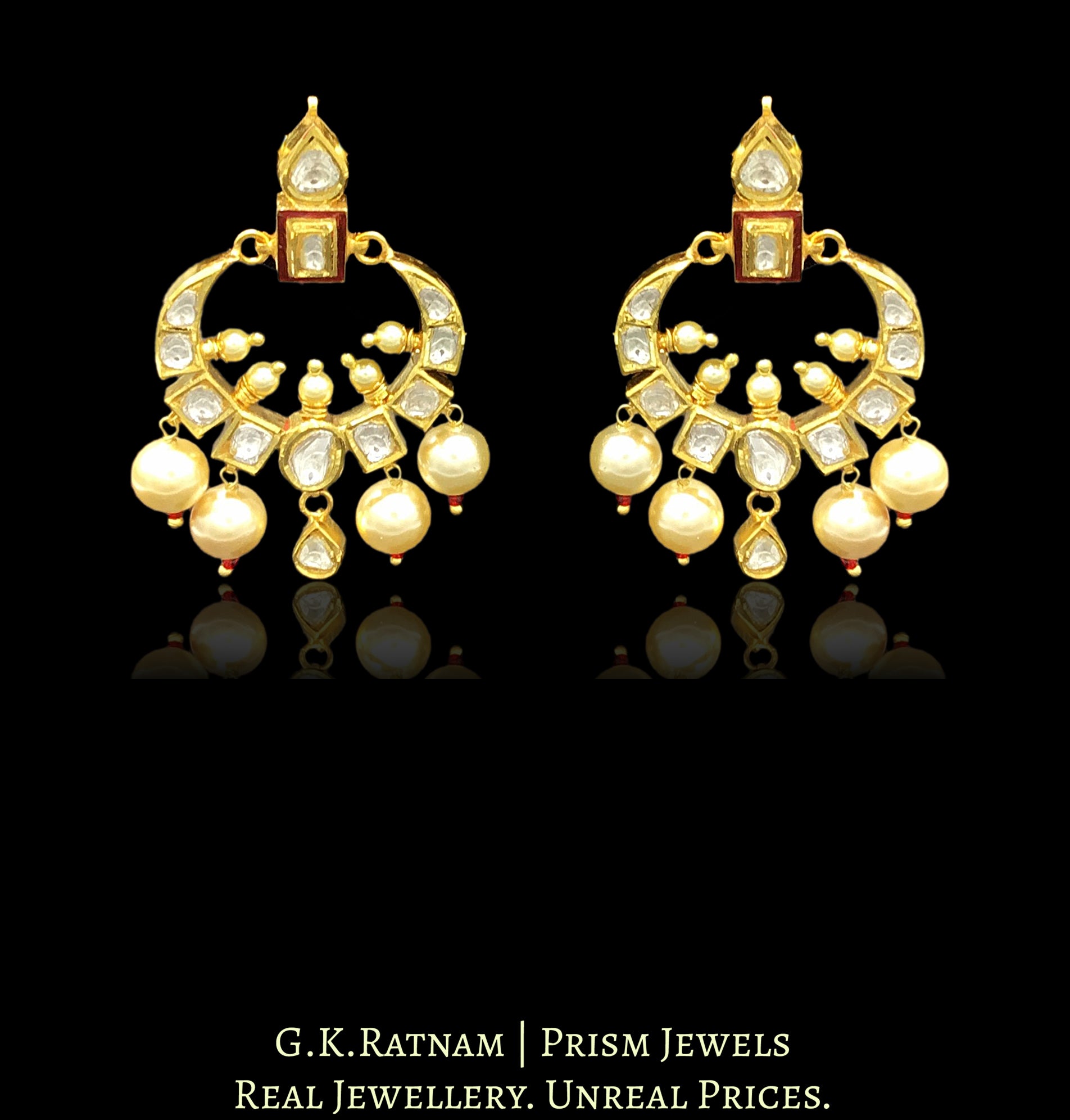 18k Gold and Diamond Polki Small Chand Bali Earring Pair with Red Enamel - G. K. Ratnam