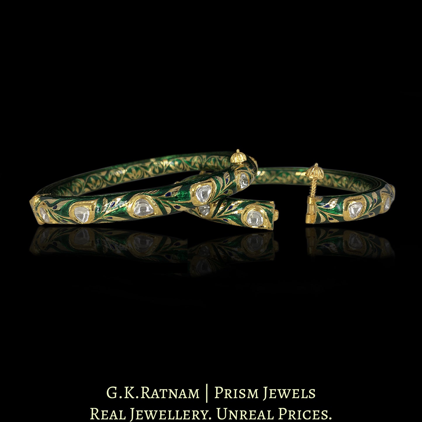 22k Gold and Diamond Polki Bangle Pair With intricate Green Meenakari