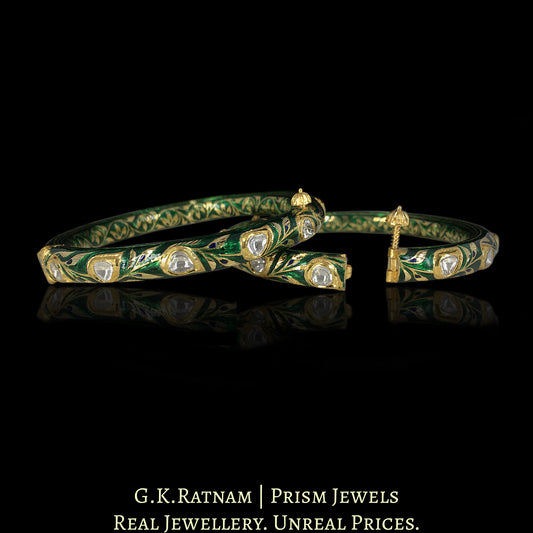 22k Gold and Diamond Polki Bangle Pair With intricate Green Meenakari