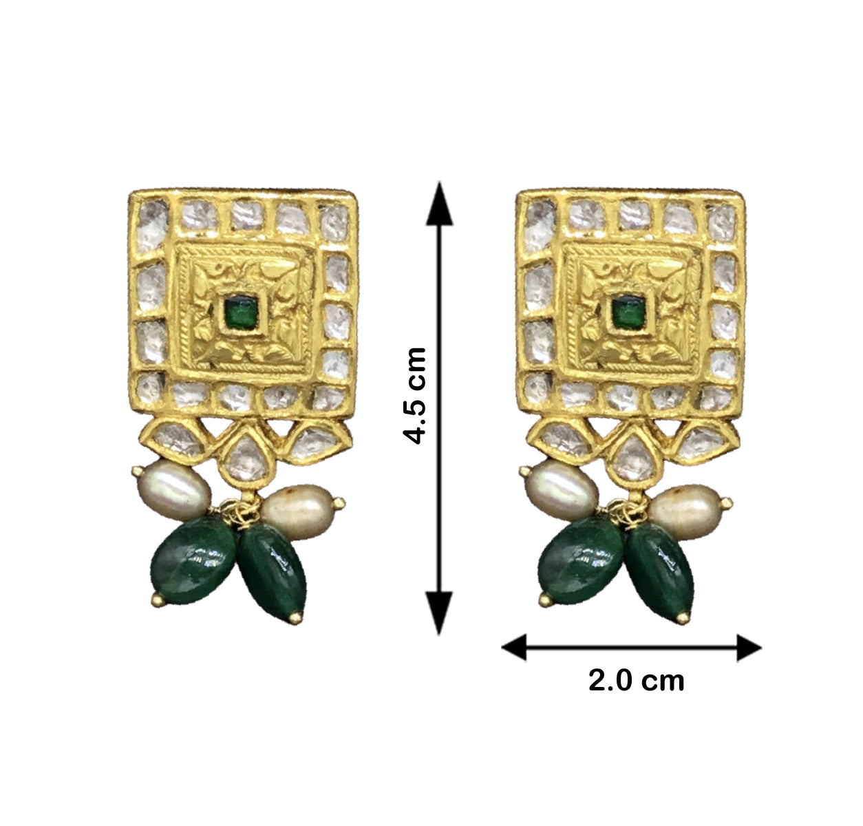 22k Gold and Diamond Polki green-center Rectangle Pendant Set with emerald-grade green beryl tumbles - G. K. Ratnam