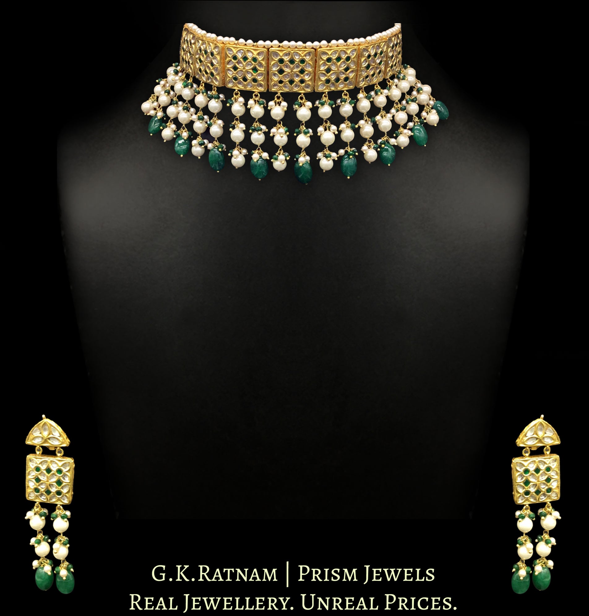 23k Gold and Diamond Polki Choker Necklace Set with emerald-green stones set with uncut diamonds