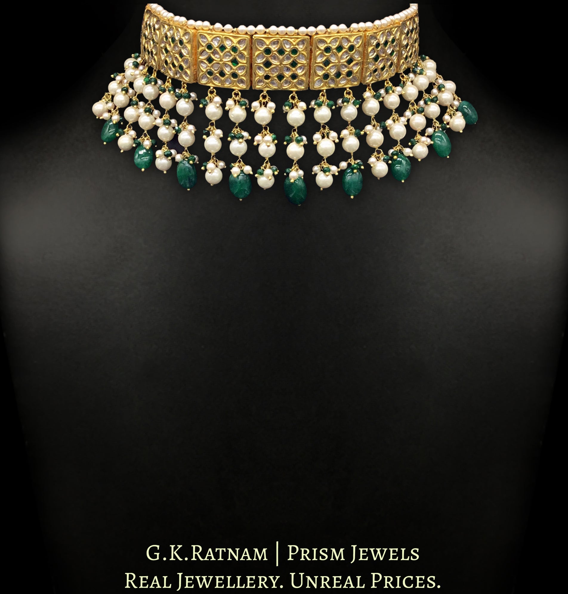 23k Gold and Diamond Polki Choker Necklace Set with emerald-green stones set with uncut diamonds
