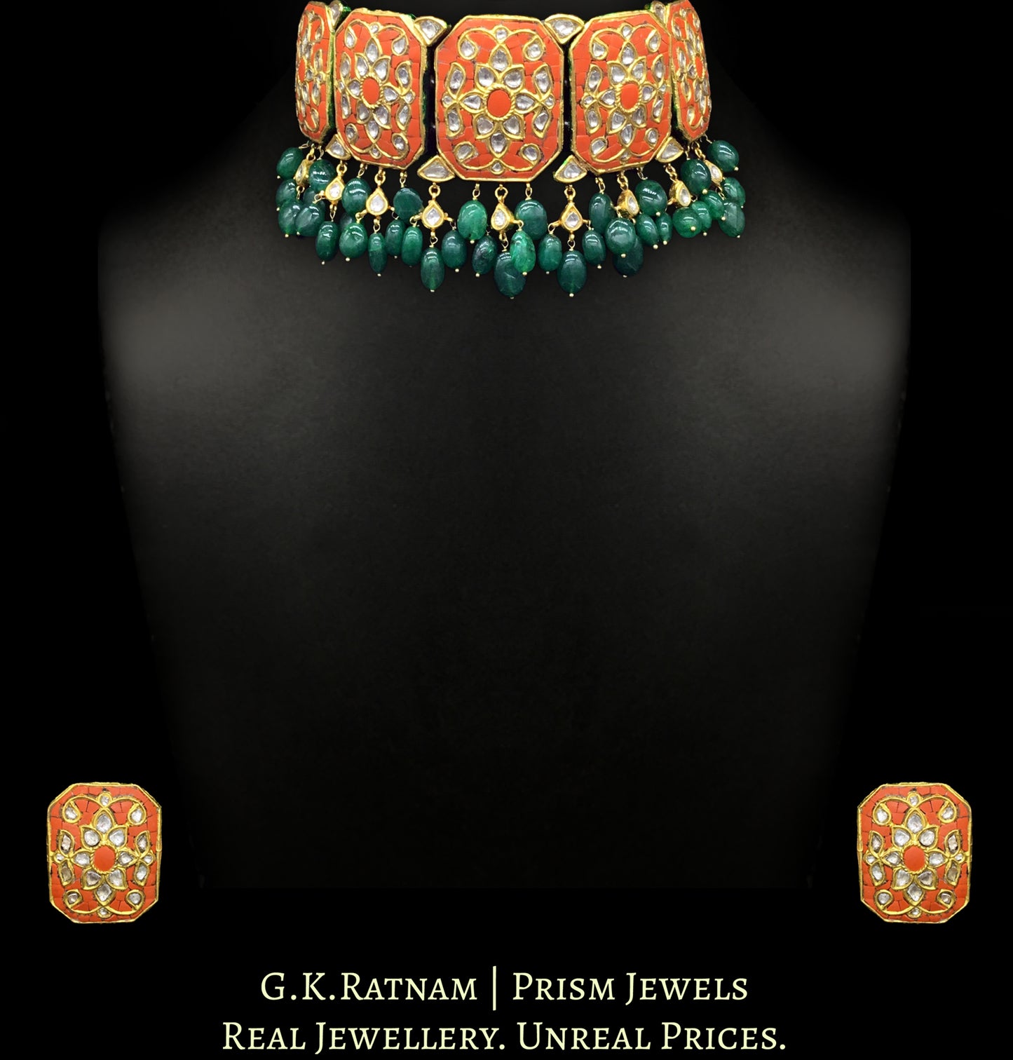 23k Gold and Diamond Polki Coral Choker Necklace Set enhanced with emerald-grade green beryls