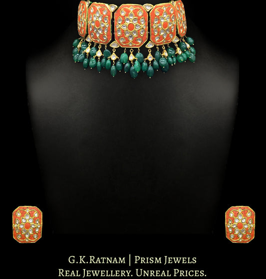 23k Gold and Diamond Polki Coral Choker Necklace Set enhanced with emerald-grade green beryls