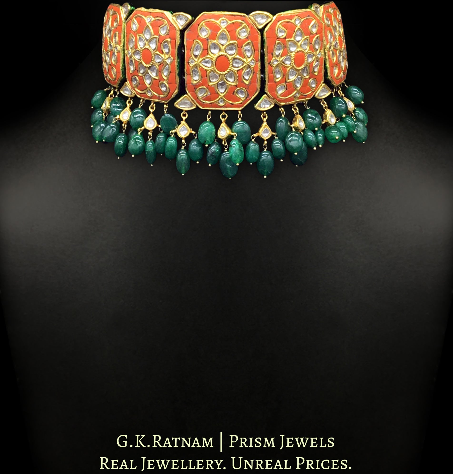 23k Gold and Diamond Polki Coral Choker Necklace Set enhanced with emerald-grade green beryls
