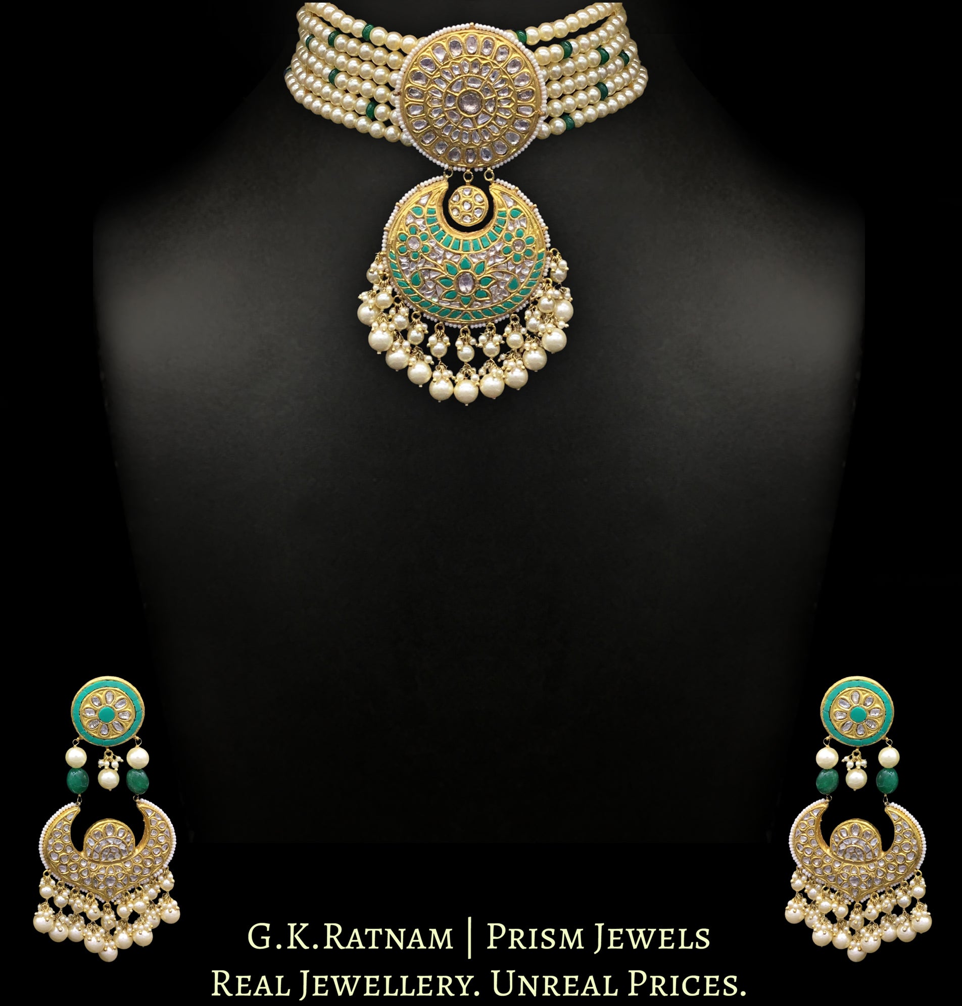 23k Gold and Diamond Polki Turquoise Choker Necklace Set delicately strung in lustrous pearls