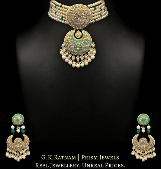 23k Gold and Diamond Polki Turquoise Choker Necklace Set delicately strung in lustrous pearls - G. K. Ratnam