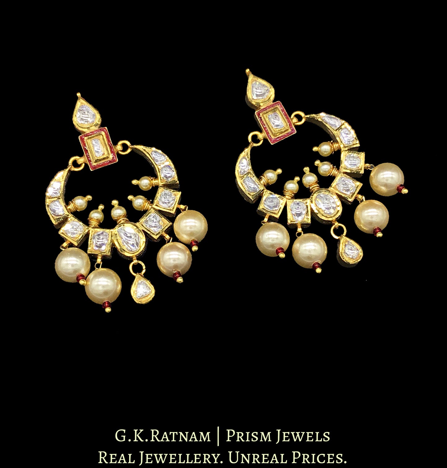 18k Gold and Diamond Polki Small Chand Bali Earring Pair with Red Enamel - G. K. Ratnam