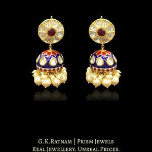 23k Gold and Diamond Polki red-blue Jhumki Earring Pair with big uncut diamonds - G. K. Ratnam