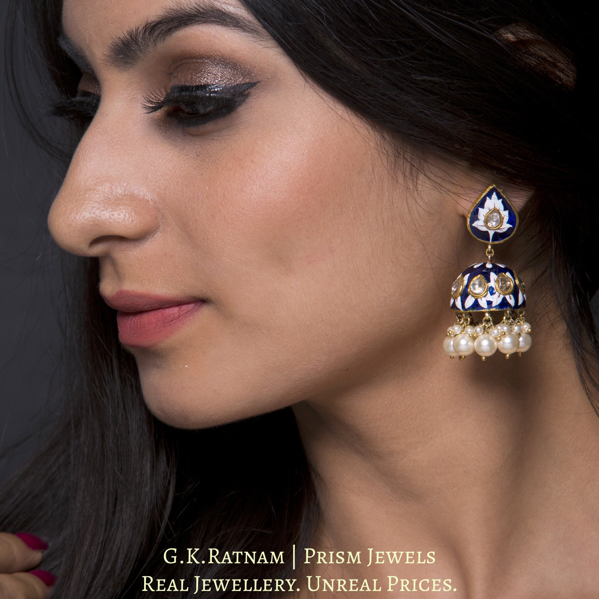 23k Gold and Diamond Polki Jhumki Earring Pair with exquisite blue pottery