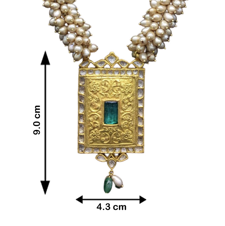 22k Gold and Diamond Polki green-center Rectangle Pendant Set with emerald-grade green beryl tumbles - G. K. Ratnam