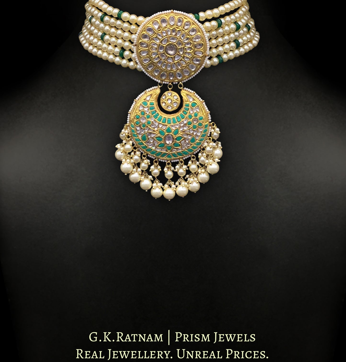 23k Gold and Diamond Polki Turquoise Choker Necklace Set delicately strung in lustrous pearls - G. K. Ratnam