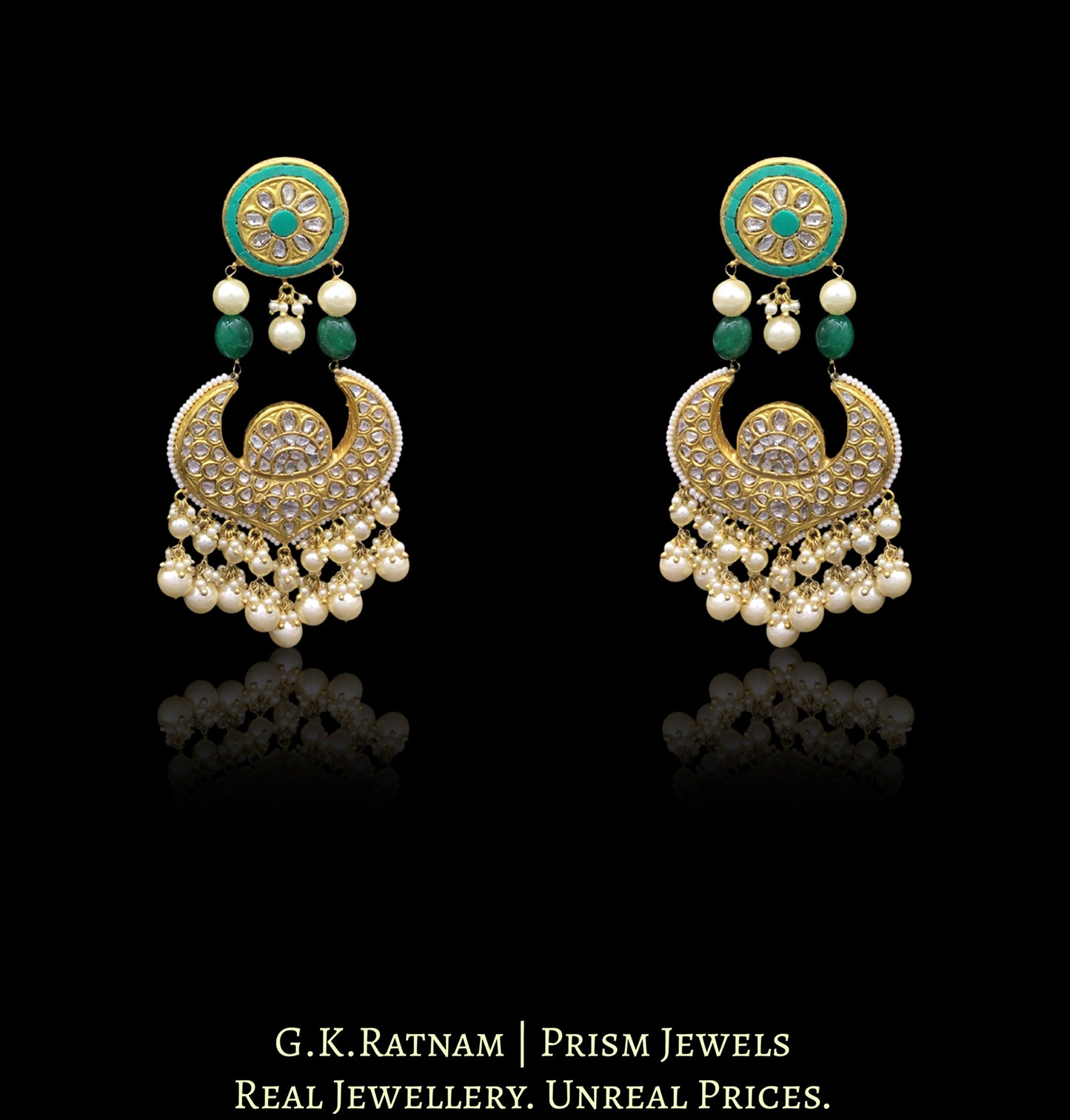 23k Gold and Diamond Polki Turquoise Choker Necklace Set delicately strung in lustrous pearls - G. K. Ratnam