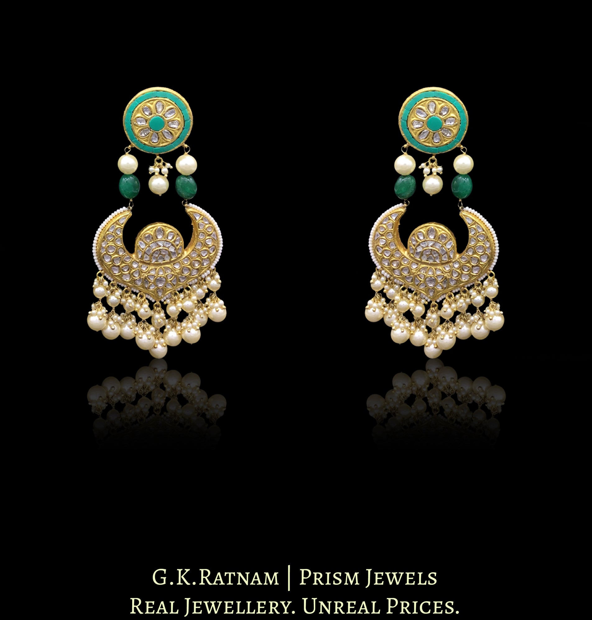 23k Gold and Diamond Polki Turquoise Choker Necklace Set delicately strung in lustrous pearls - G. K. Ratnam