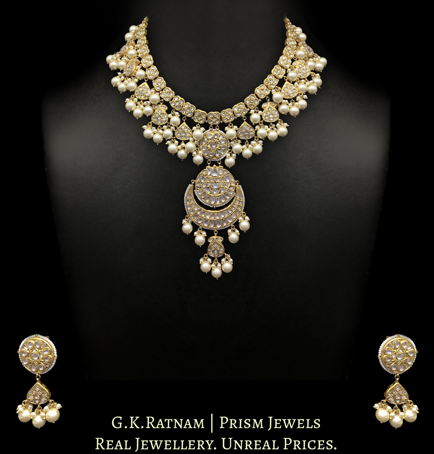 23k Gold and Diamond Polki Long Necklace Set with lustrous shell pearls
