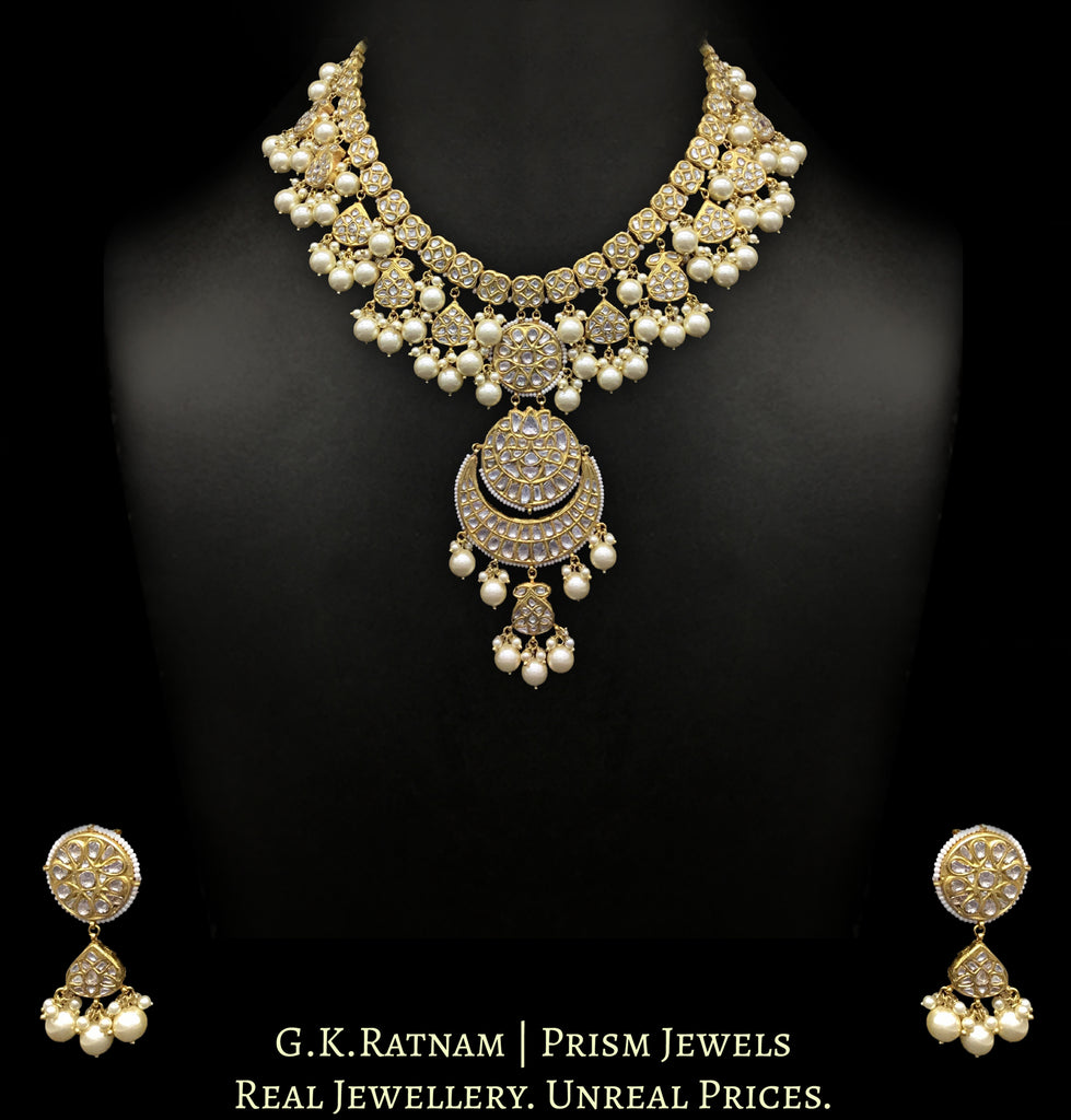 23k Gold and Diamond Polki Long Necklace Set with lustrous shell pearl ...