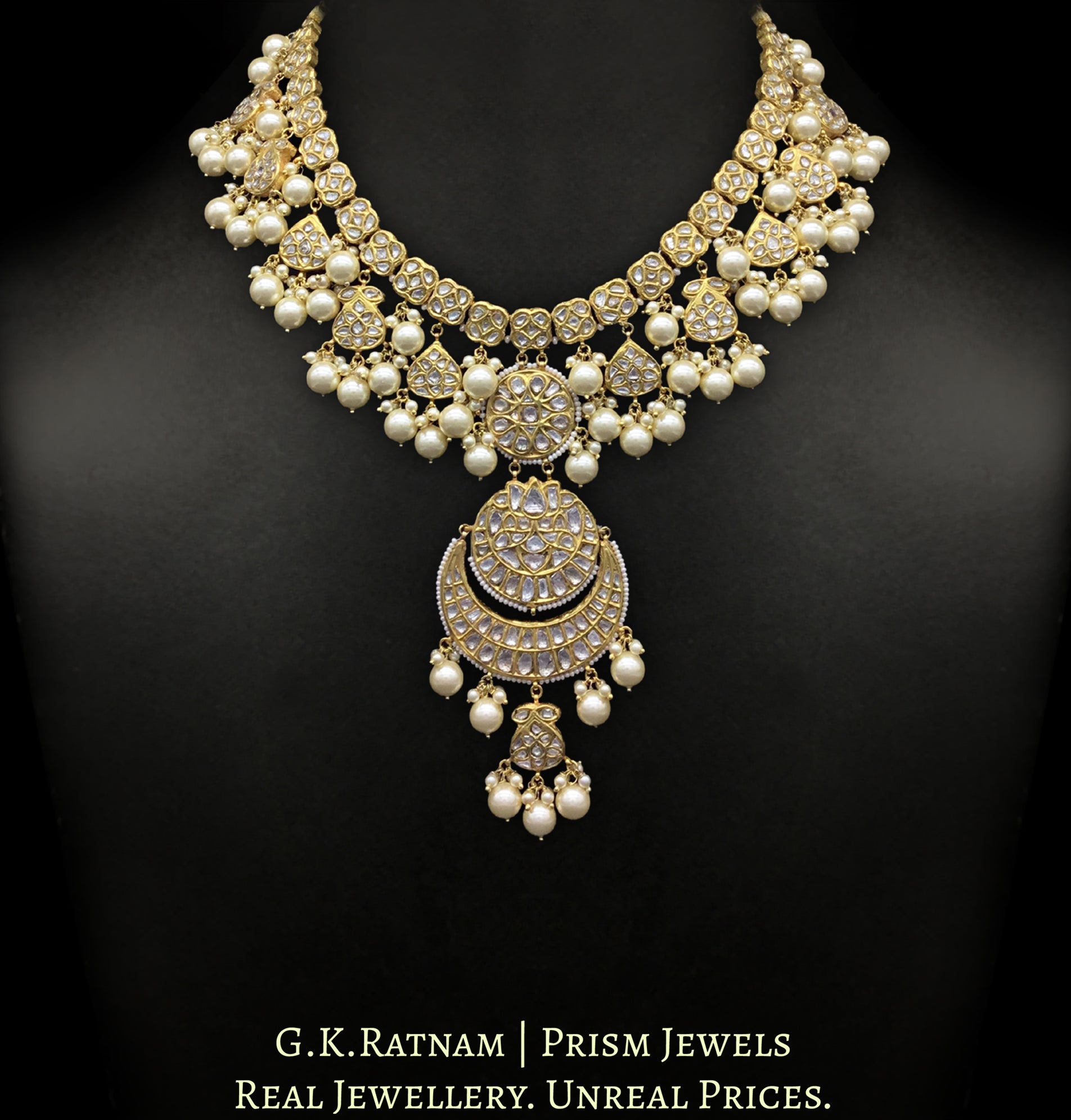 23k Gold and Diamond Polki Long Necklace Set with lustrous shell pearls