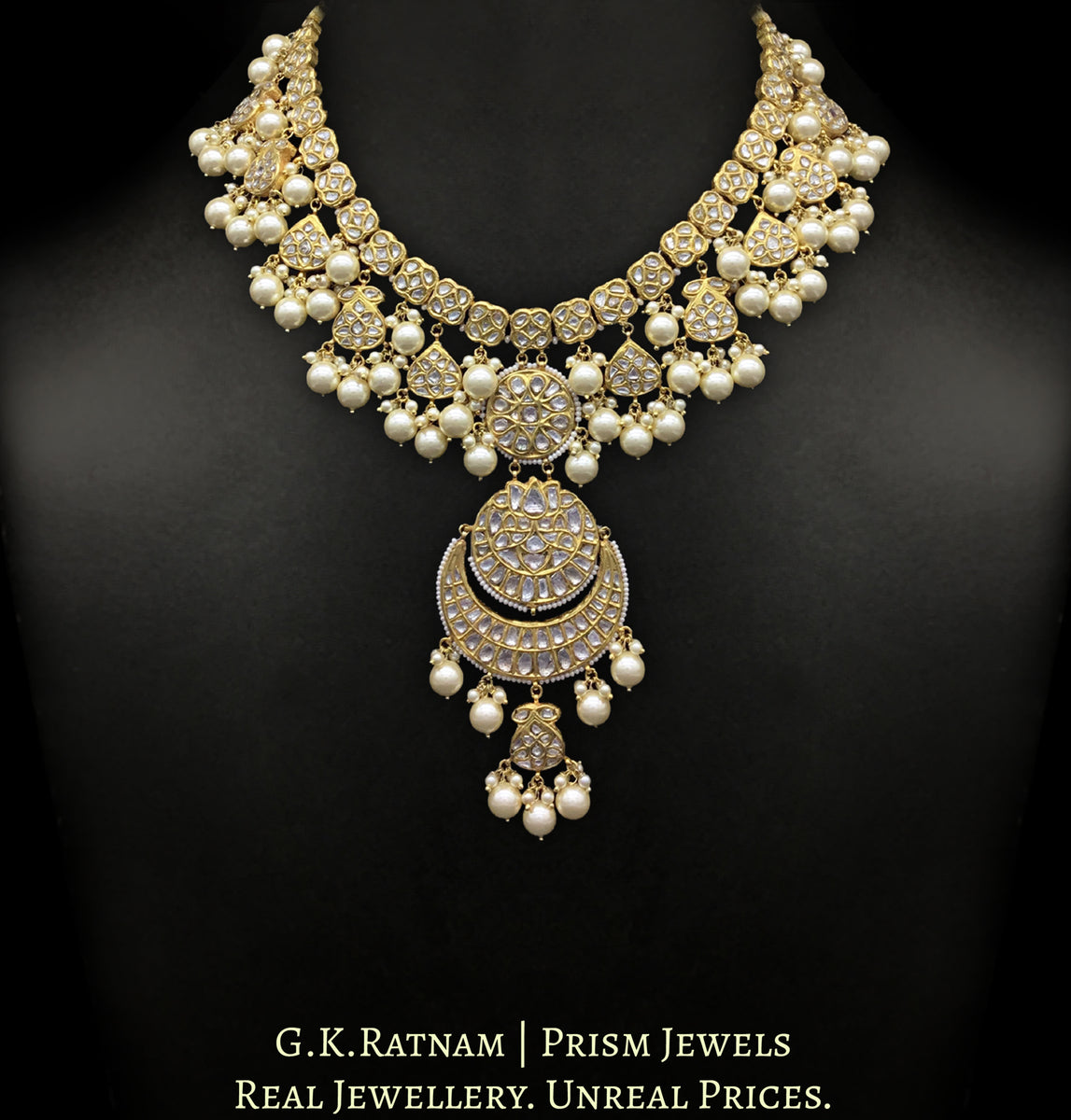 23k Gold and Diamond Polki Long Necklace Set with lustrous shell pearl ...