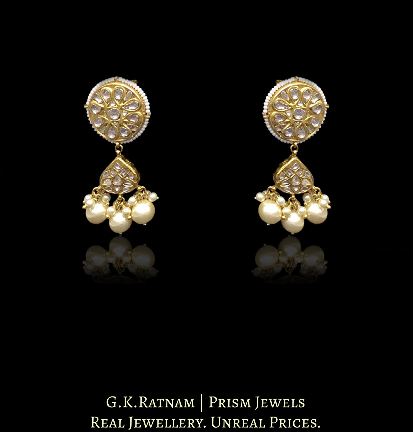 23k Gold and Diamond Polki Long Necklace Set with lustrous shell pearls