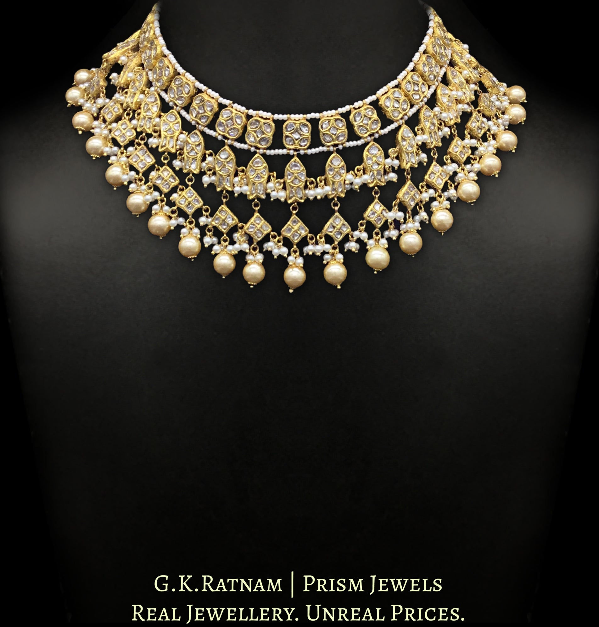 23k Gold and Diamond Polki Necklace Set with Fishes and emerald-green Melons - G. K. Ratnam