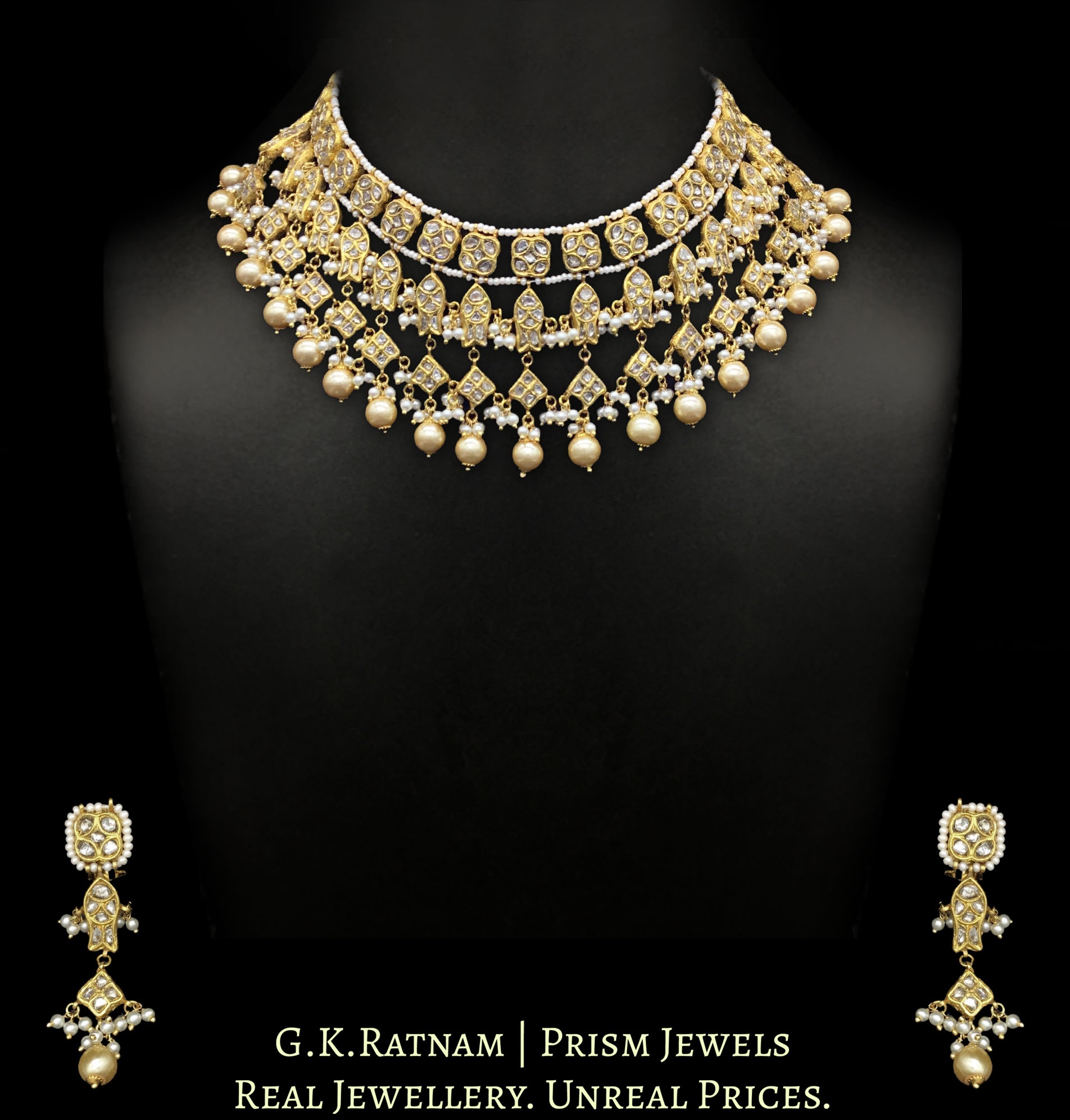 23k Gold and Diamond Polki Necklace Set with Fishes and emerald-green Melons - G. K. Ratnam