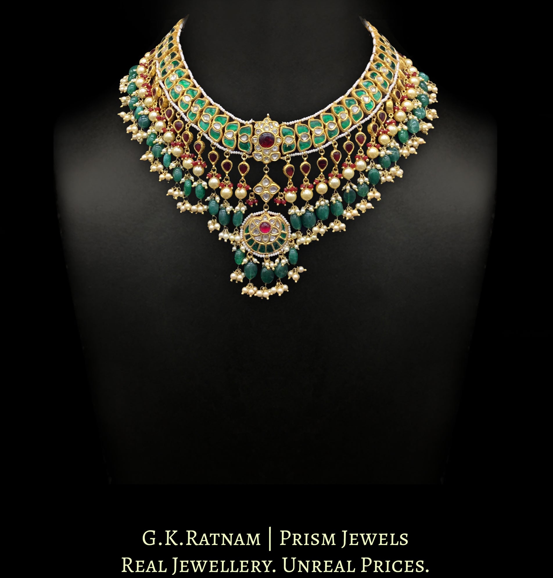 23k Gold and Diamond Polki south-style Necklace Set with ruby-red and emerald-green stones