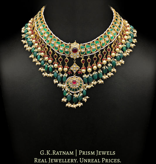 23k Gold and Diamond Polki south-style Necklace Set with ruby-red and emerald-green stones