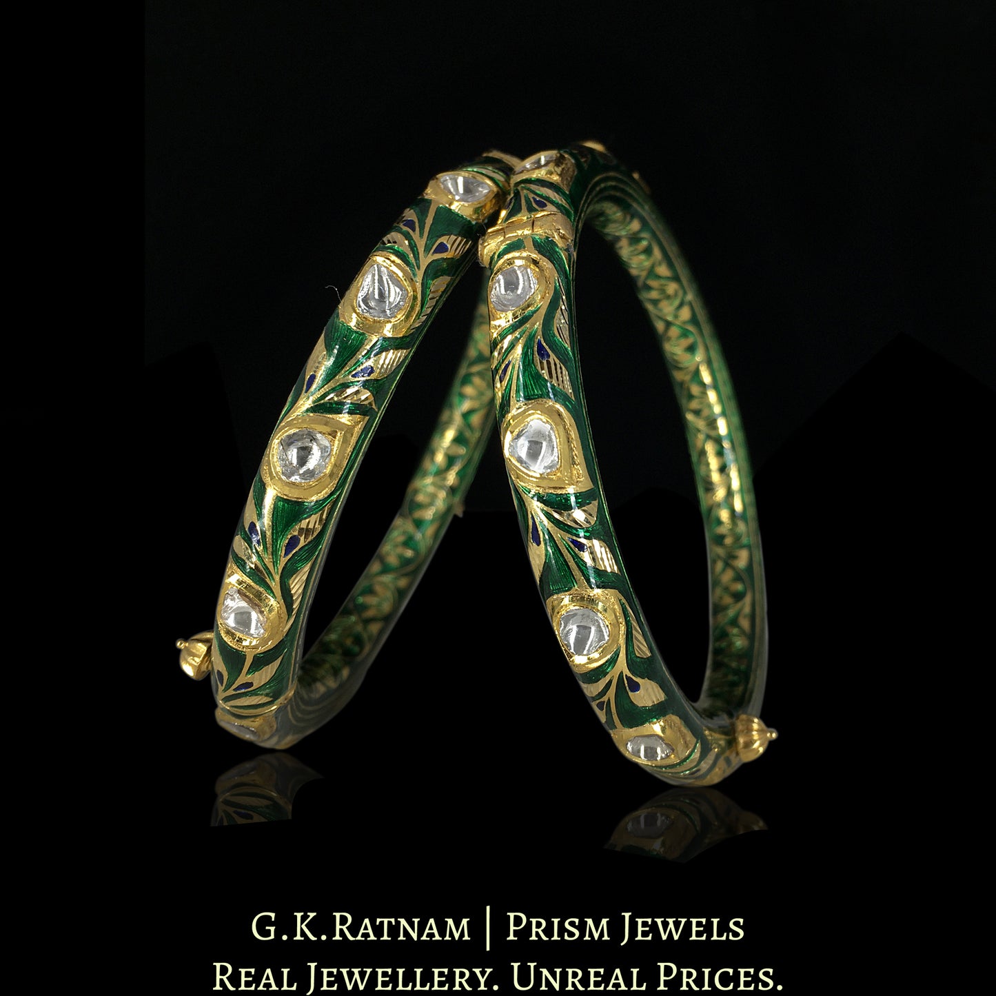22k Gold and Diamond Polki Bangle Pair With intricate Green Meenakari