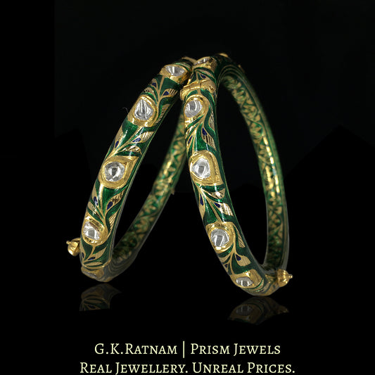 22k Gold and Diamond Polki Bangle Pair With intricate Green Meenakari
